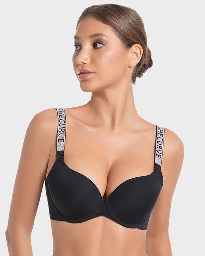 Deep V Push-Up Underwire Bra with Rhinestone Strap