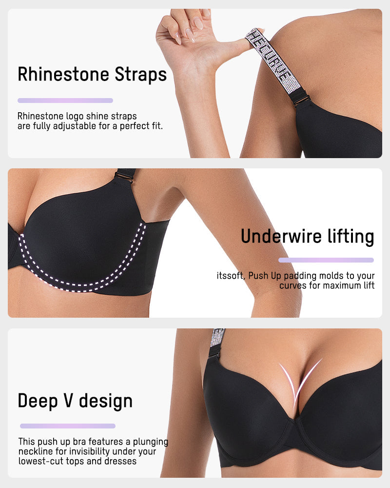 Deep V Push-Up Underwire Bra with Rhinestone Strap